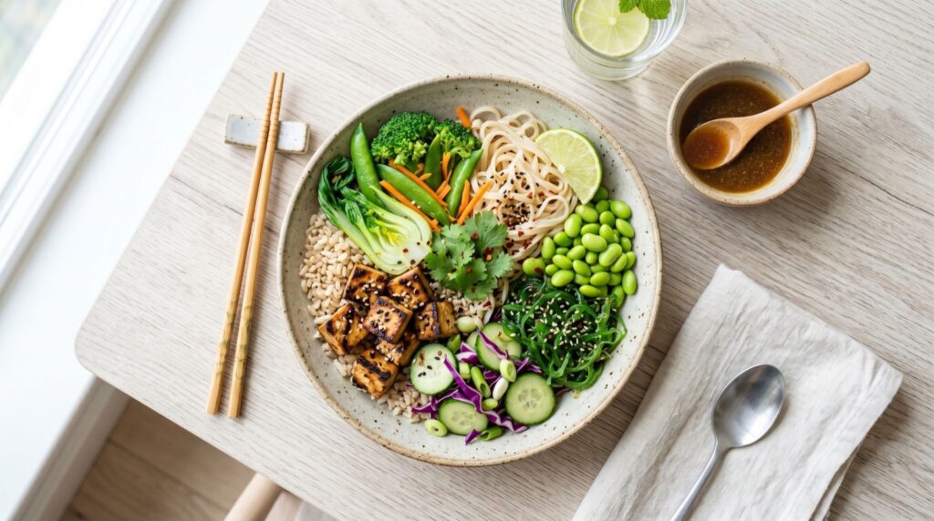 Healthy balanced Asian rice and vegetable bowls